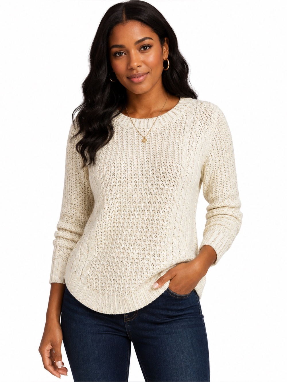 IF IT WERE ME Ivory Metallic Cable Knit Sweater Crew Neck Long Sleeve Size M
